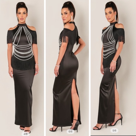 WOW couture Dresses & Skirts - Wow Couture Cold Shoulder Fringe Crystal Dress
